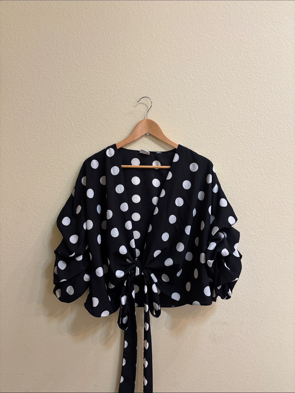 Polka Dot Tie-Front Blouse in Black/White